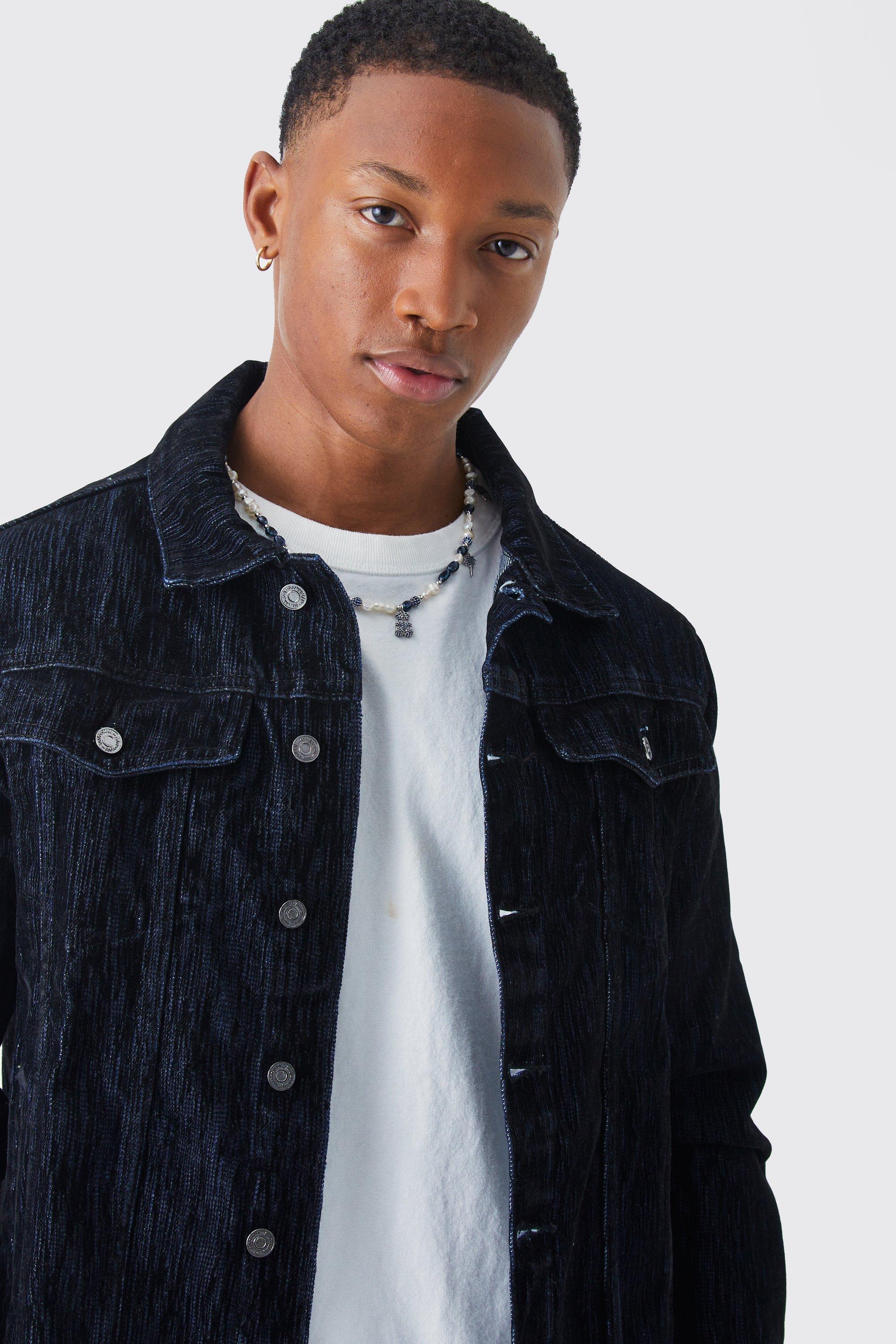 Men s Regular Fit Velvet Finish Denim Jacket Boohoo UK